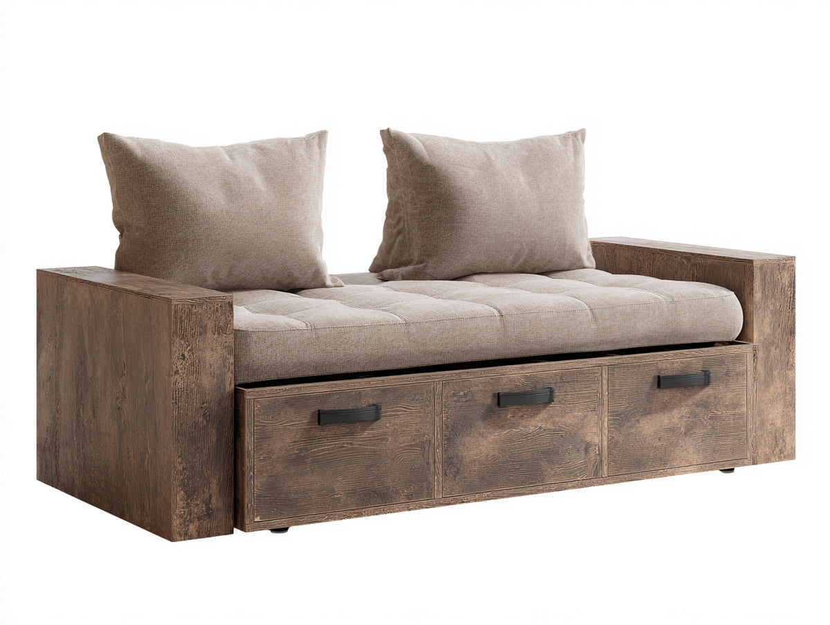 Gerades Sofa - Stoffbezug und Holzoptik 180 x 75 x 80 cm - Beige-Dunkelbraun - 3 Schubladen mit Stauraumdesign
