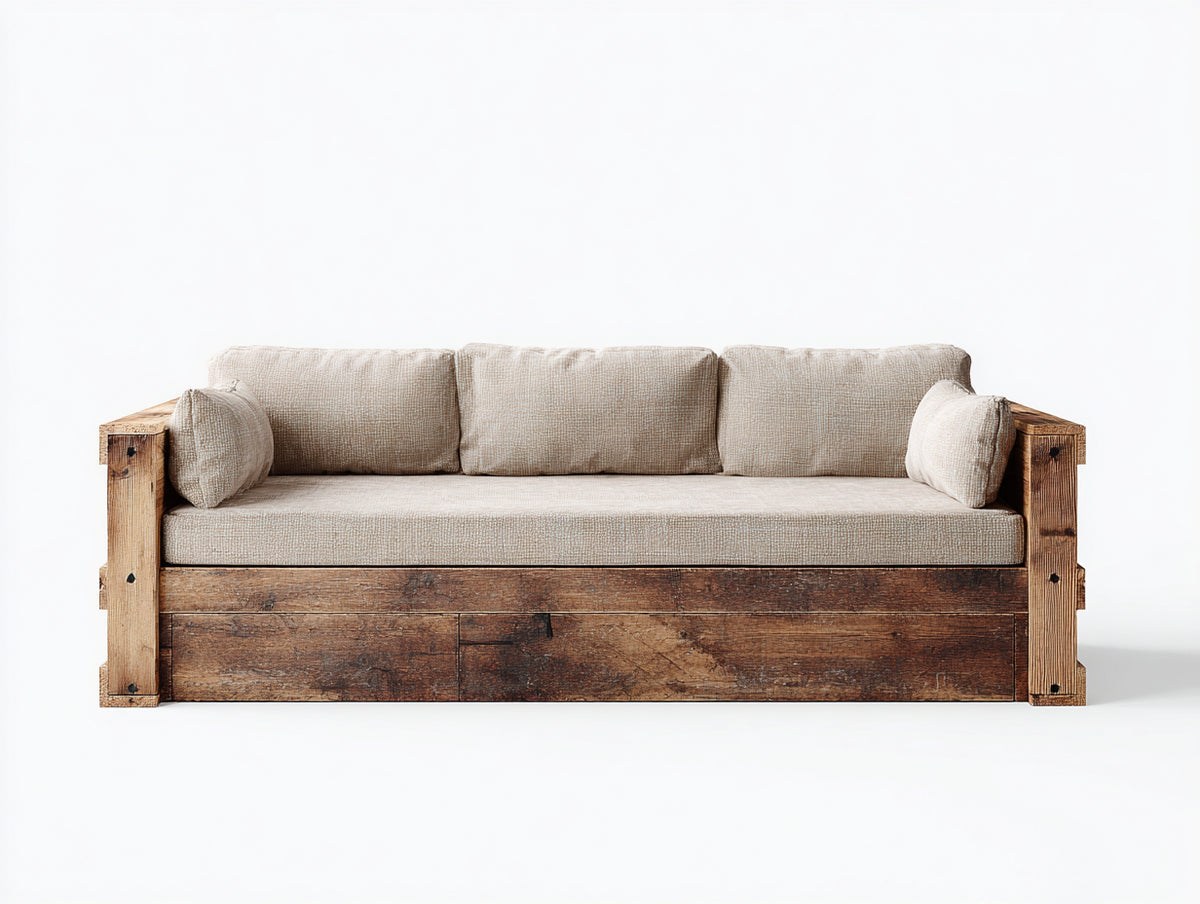Gerades Sofa Stoffpolsterung und Holzgestell 210x90x85 cm - Beige-Braun - Rustikales Design für Wohnzimmer
