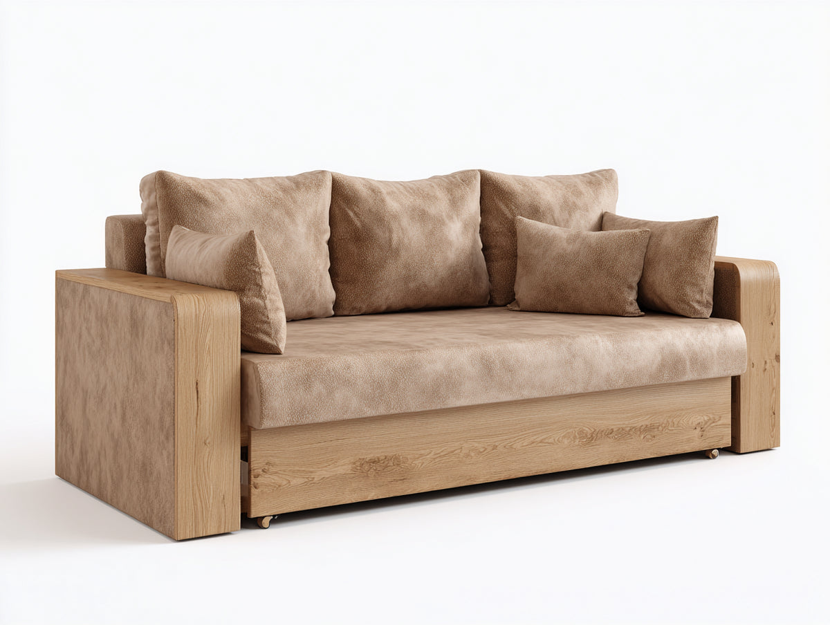 Gerades Sofa aus Stoff und Holz 220x90x90 cm - Hellbraun-Naturholz - 3-Sitzer - modernes Design